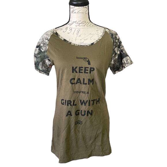 Girls With Guns Keep Calm Green Camouflage Cotton Blend Shirt X-Large - Picture 1 of 5
